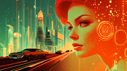 Wall Mural - Bombshell redhead woman in retro futurism style with car and space buildings in orange and green, made with generative ai. Futurism. Illustration