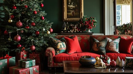 Wall Mural - Red sofa, Christmas tree, presents, and festive decorations in a luxurious living room.