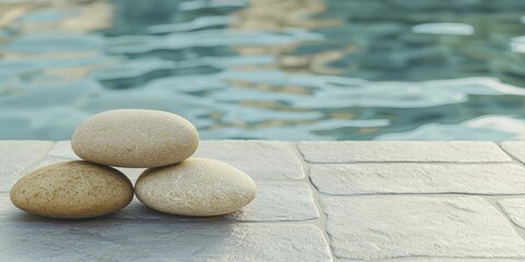 Poster - Mindfulness meditation stones, organic style, earthy tones, top view focus, set against a serene water backdrop.