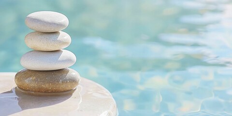 Sticker - Mindfulness meditation stones, organic style, earthy colors, top view focus, with tranquil water background.