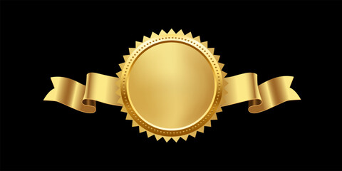 Wall Mural - gold medal with horizontal ribbon vector illustration. 3d realistic golden award isolated on black b