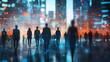 © Thiago - A visual representation of people silhouettes linked by glowing lines against a blurred cityscape, embodying networking and urban life. Futurism. Illustration
