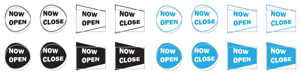 Wall Mural - now open tag with speech bubble icons for business promotion