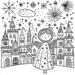 Poster - A Christmas angel watching over a village, coloring page for kids, simple outline illustration. Coloring book, simple lines.