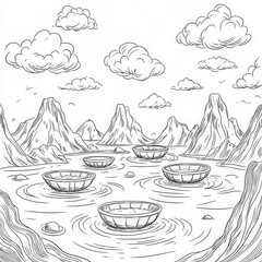 Wall Mural - A dreamlike landscape with floating islands, coloring page for kids, simple outline illustration. Coloring book, simple lines.