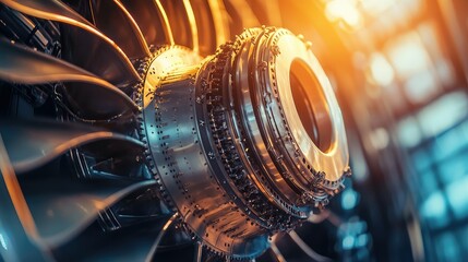 Poster - Close-Up View of a Jet Engine Turbine Illuminated by Sunlight, Showcasing Intricate Details and Modern Engineering, Perfect for Aviation and Technology Themes