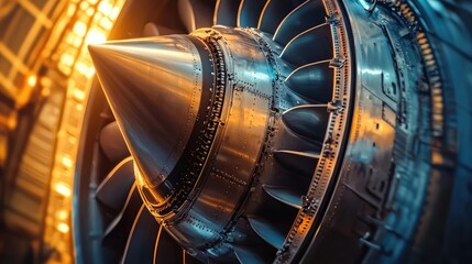 Poster - Detailed Close-Up View of Jet Engine Turbine Highlighted by Radiant Sunlight, Showcasing Intricate Mechanical Features and Design Elements of Aircraft Technology