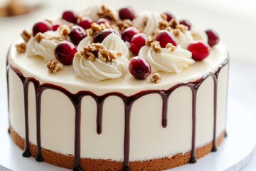 Wall Mural - Elegant white cake adorned with cherries and walnuts perfect for celebrations