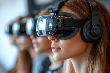 Poster - Call center colleagues with virtual reality headsets, focusing on tech-driven support,