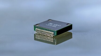 Poster - Close-Up of a Microchip Resting on a Reflective Surface with Intricate Circuitry Details Captured in Gigapixel Standard Scale for Technology and Innovation Imagery