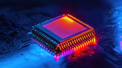 Poster - Close-Up of a Vibrant Microchip Resting on a Reflective Surface, Highlighting Details of Electronic Components with Colorful Lighting for Tech Enthusiasts and Designers