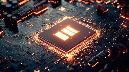 Poster - Illuminated Microchip with AI Logo on Reflective Surface, Showcasing Advanced Technology and Digital Innovation in Modern Electronics Design