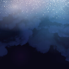 Wall Mural - magic night dark blue frame with sparkling glitter bokeh and light art. square vector wedding card. 