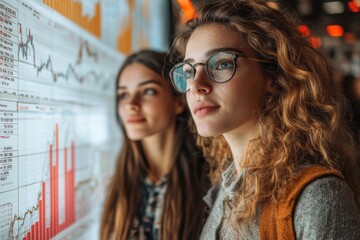 Poster - Confident women investors presenting stock market strategies, , ideal for branding financial campaigns.