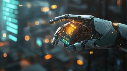 Poster - A Robotic Hand Holding a Tiny Processor Chip in a Futuristic Urban Setting with a Glowing Interface and Blurred Background Elements