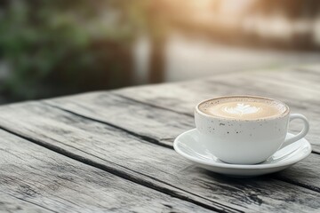 Poster - Warm cup of coffee resting on wooden table highlighting relaxation during morning