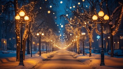 Wall Mural - City Lights at Night: the magic of city streets illuminated by festive lights and street