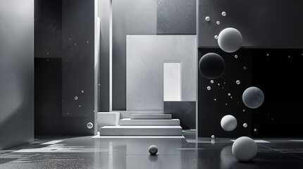 Poster - A minimalist space with floating spheres and geometric shapes creates a serene, monochrome atmosphere