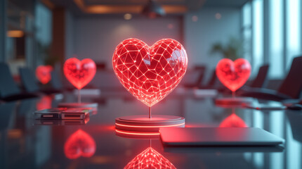 Poster - Brightly lit workspace showcases geometric heart designs and levitating tools, fostering love and productivity in work