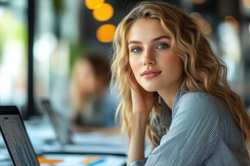 Aufkleber - Female financial consultants working with laptops and charts, to highlight analytical prowess in finance.