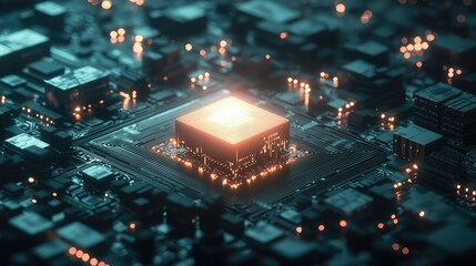Poster - Futuristic Glowing Microchip Surrounded by Tiny Electronic Components and Holographic Elements in an Advanced AI Technology Environment