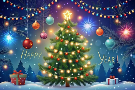 christmas tree with gifts Christmas and New Year papercut card. Santa Claus, moon and trees