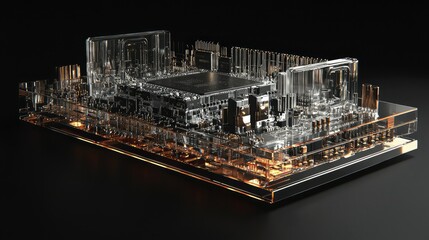 Poster - Transparent Computer Chip Displaying Internal Components in High Detail, Showcasing Advanced Technology with a Gigapixel Resolution on a Dark Background