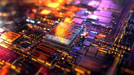Poster - Abstract Computer Chip Design Showcasing Transparent Components with Vibrant Colors and Illuminated Details for High-Tech Visuals