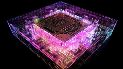 Poster - High-Tech Transparent Computer Chip in Illuminated Circuit Board Display with Vibrant Colors and Intricate Design for Future Technology Concepts