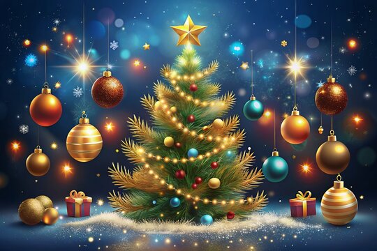 christmas background with christmas tree Christmas and New Year papercut card. Santa Claus, moon and trees