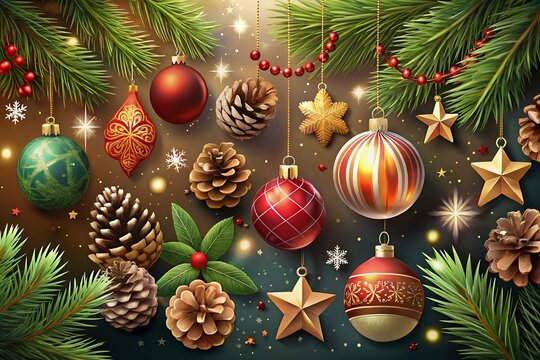 christmas tree with balls Christmas and New Year papercut card. Santa Claus, moon and trees