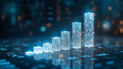 Poster - Interactive analytics dashboard utilizes holographic projections to show ascending growth trends in a high-tech setting