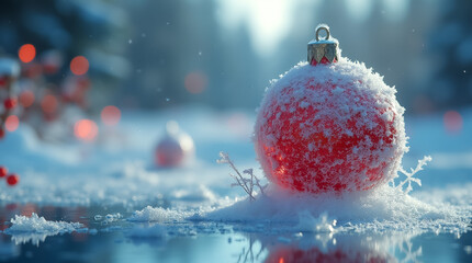 Poster - Water droplets gather and create floating ornaments, reflecting a serene winter wonderland with snow and holiday cheer