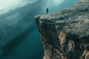Wall Mural - A man stands on a cliff overlooking a body of water