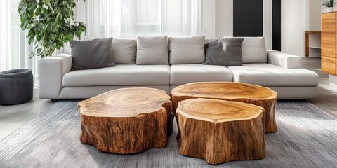 Wall Mural - Three rustic wooden coffee tables in a modern living room.