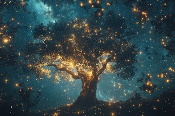 Wall Mural - A tree with glowing lights on it in the night sky