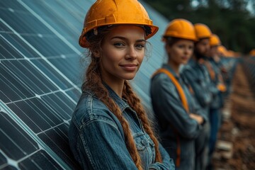 Poster - Professionals in renewable energy projects, , showcasing eco-driven diversity and teamwork.
