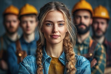 Poster - Professionals in renewable energy projects, , showcasing eco-driven diversity and teamwork.