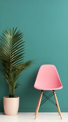 Wall Mural - Pink chair beside green plants in modern interior with turquoise wall color