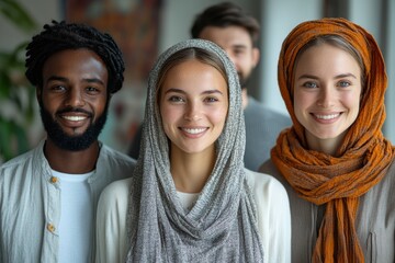 Aufkleber - Smiling multicultural colleagues standing together, , highlighting teamwork and workplace harmony.