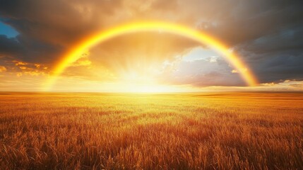 Wall Mural - Golden Sunset Rainbow over Wheat Field