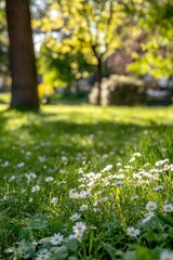 Sticker - Beautiful meadow with daisies and soft green bokeh background under natural sunlight