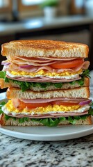 Sticker - Stacked sandwich with layers of turkey, lettuce, tomato, and egg on toasted bread