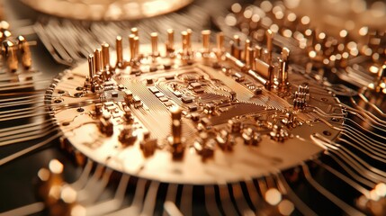 Poster - Close-Up View of a Microchip with Intricate Golden Wiring and Tiny Components Showcasing Advanced Technology and Fine Details in High Resolution