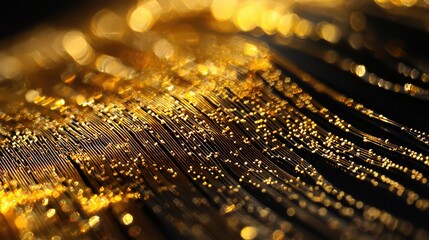 Poster - Close-Up View of Microchip Wiring Featuring Tiny Golden Lines Captured in Stunning Detail for Technology and Electronics Imagery