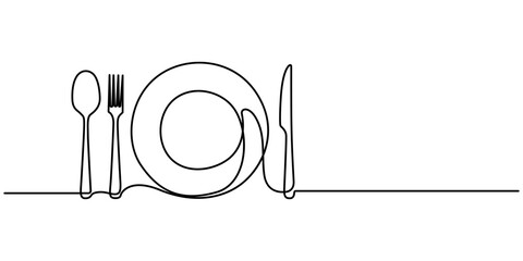 Poster - continuous line drawing of knifes, spoons, forks and plate on white background. Table manner concept, Tableware Continuous Line Icon, Silverware Continuous Line Icon, Modern illustration of a plate, 