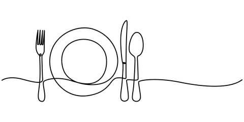 Poster - continuous line drawing of knifes, spoons, forks and plate on white background. Table manner concept, Tableware Continuous Line Icon, Silverware Continuous Line Icon, Modern illustration of a plate, 