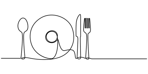 Poster - continuous line drawing of knifes, spoons, forks and plate on white background. Table manner concept, Tableware Continuous Line Icon, Silverware Continuous Line Icon, Modern illustration of a plate, 
