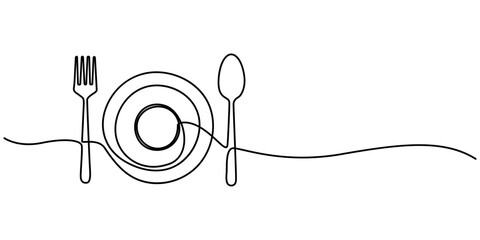 Poster - continuous line drawing of knifes, spoons, forks and plate on white background. Table manner concept, Tableware Continuous Line Icon, Silverware Continuous Line Icon, Modern illustration of a plate, 