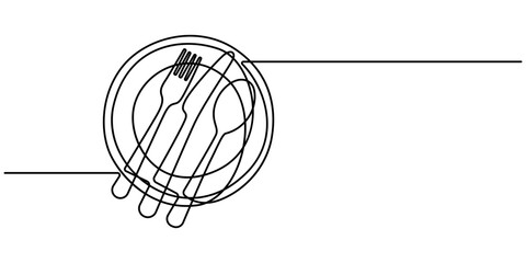 Poster - continuous line drawing of knifes, spoons, forks and plate on white background. Table manner concept, Tableware Continuous Line Icon, Silverware Continuous Line Icon, Modern illustration of a plate, 